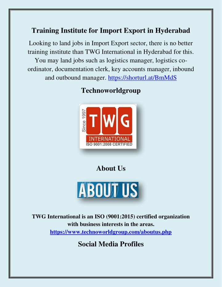 training institute for import export in hyderabad n.w
