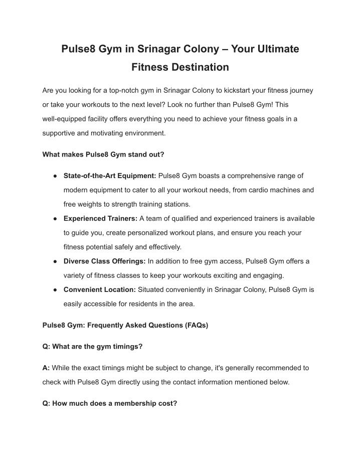 pulse8 gym in srinagar colony your ultimate n.w