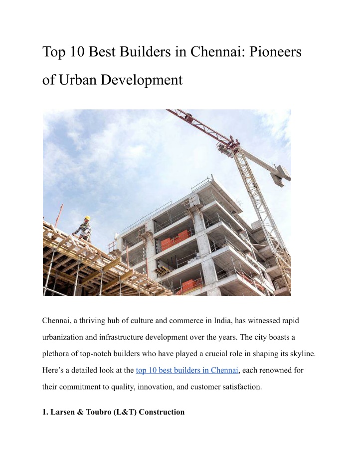 top 10 best builders in chennai pioneers n.w