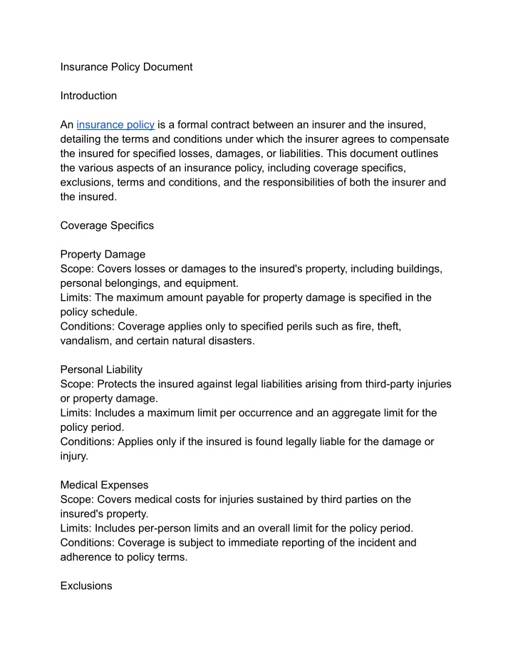 insurance policy document n.w