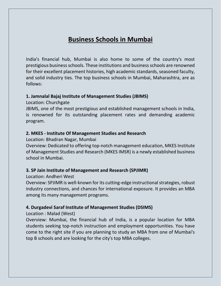 business schools in mumbai n.w