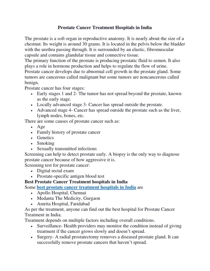 prostate cancer treatment hospitals in india n.w