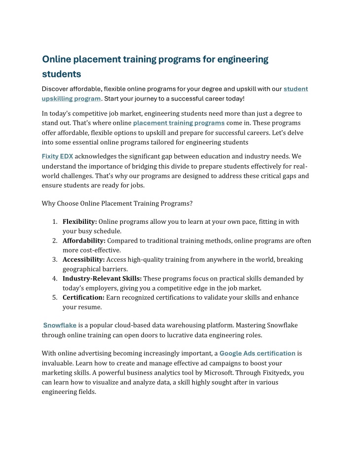 online placement training programs n.w