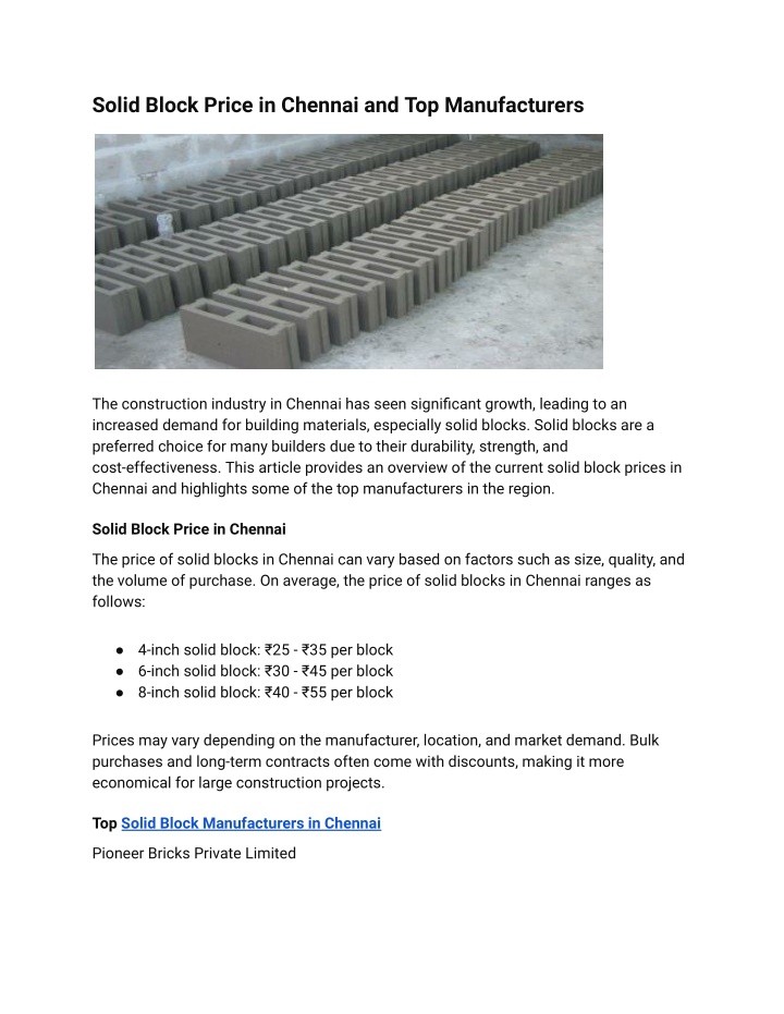 solid block price in chennai and top manufacturers n.w