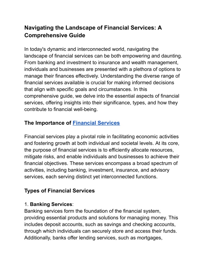 navigating the landscape of financial services n.w