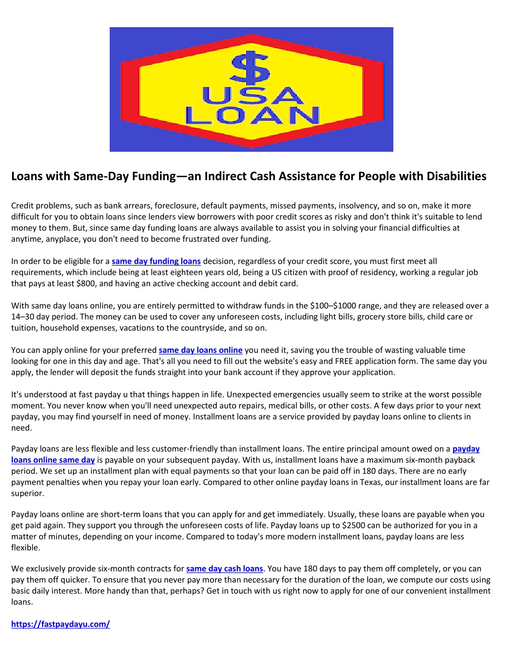 loans with same day funding an indirect cash l.w