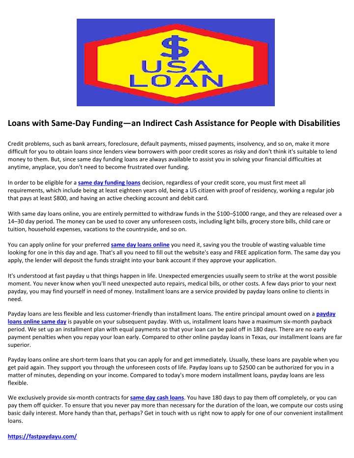 loans with same day funding an indirect cash n.w