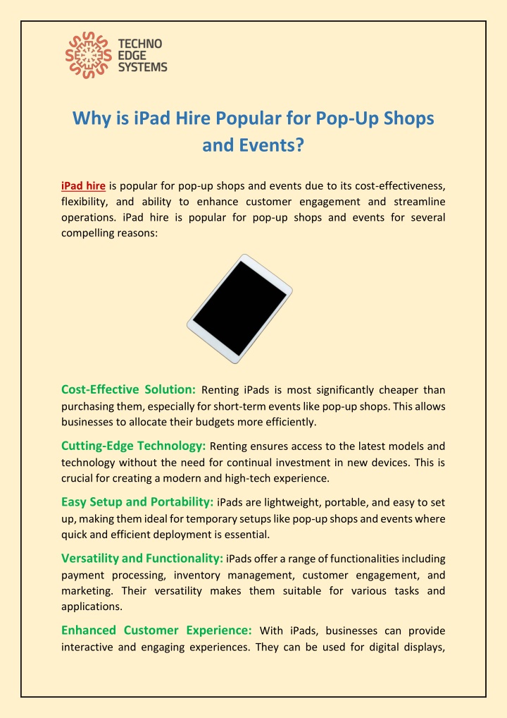 why is ipad hire popular for pop up shops n.w
