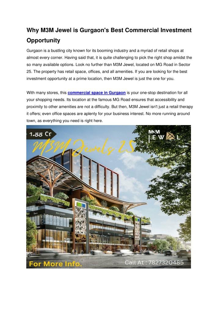 why m3m jewel is gurgaon s best commercial n.w