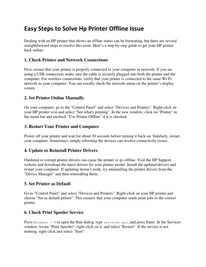 easy steps to solve hp printer offline issue n.w