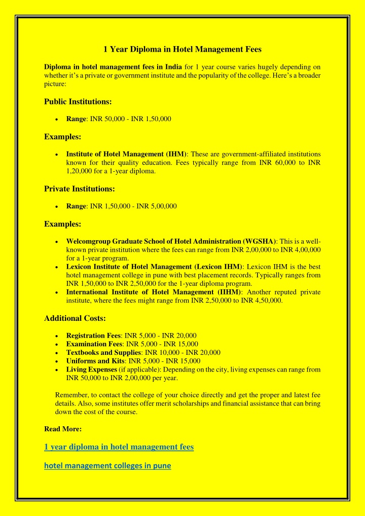 1 year diploma in hotel management fees n.w