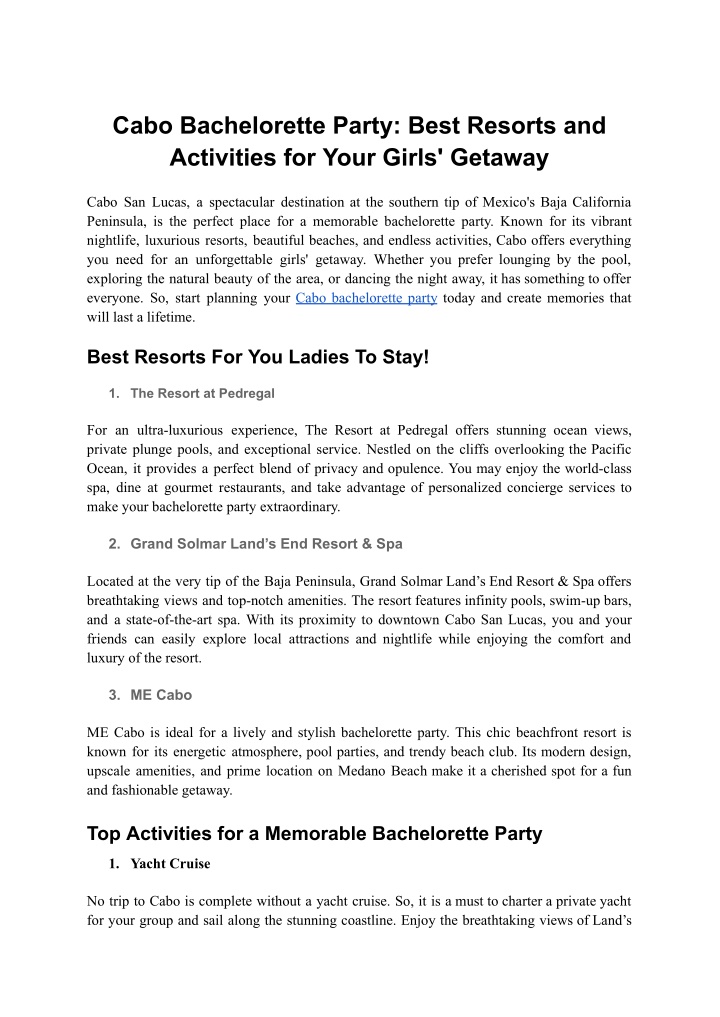 cabo bachelorette party best resorts n.w