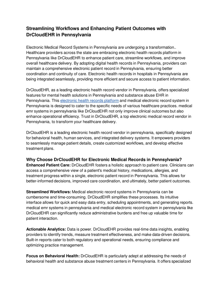 Streamlining Workflows and Enhancing Patient Outcomes with DrCloudEHR in Pennsylvania