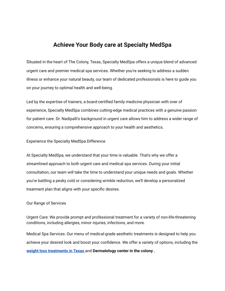achieve your body care at specialty medspa n.w