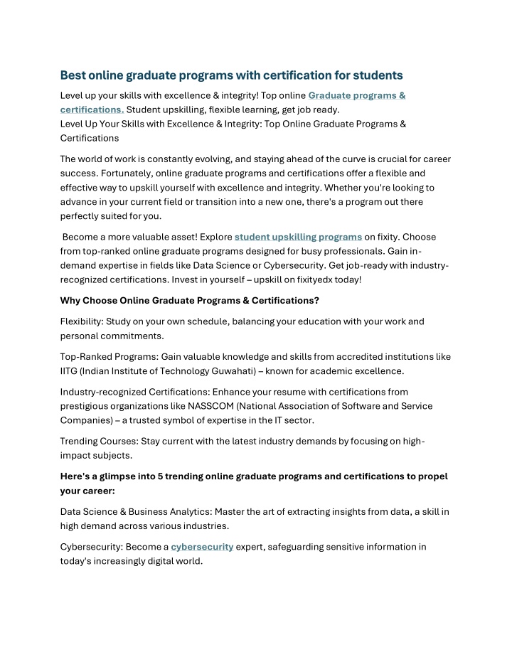 best online graduate programs with certification n.w