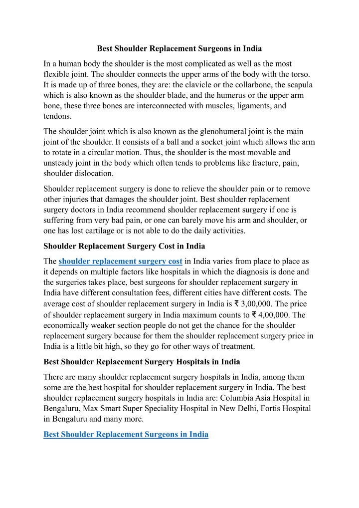 best shoulder replacement surgeons in india n.w