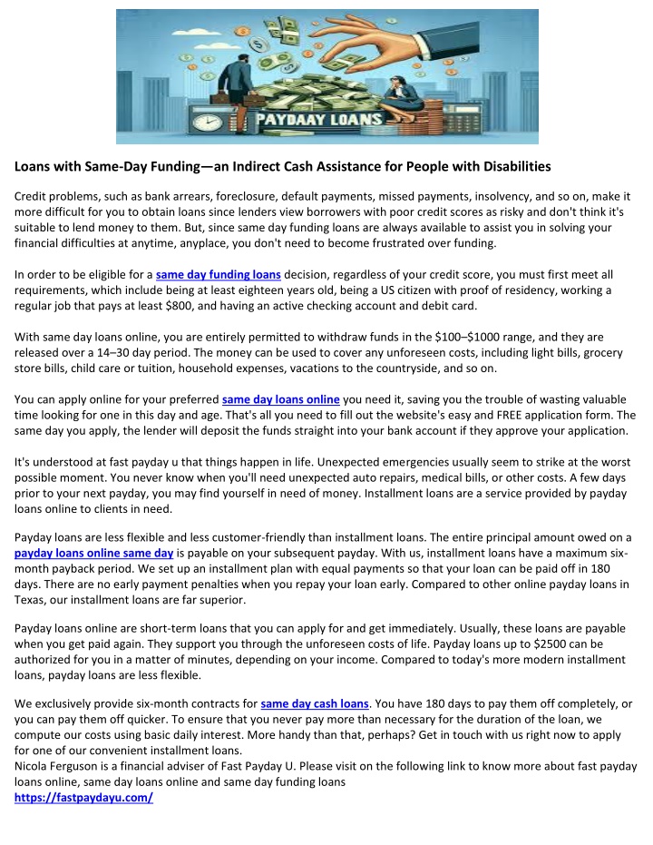 loans with same day funding an indirect cash n.w