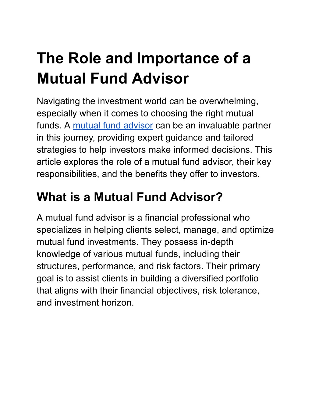 the role and importance of a mutual fund advisor l.w