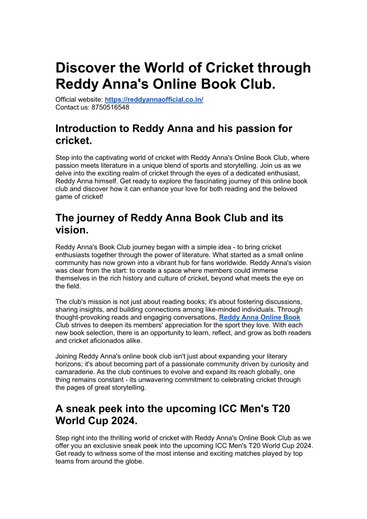 discover the world of cricket through reddy anna n.w