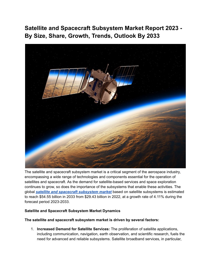 satellite and spacecraft subsystem market report n.w