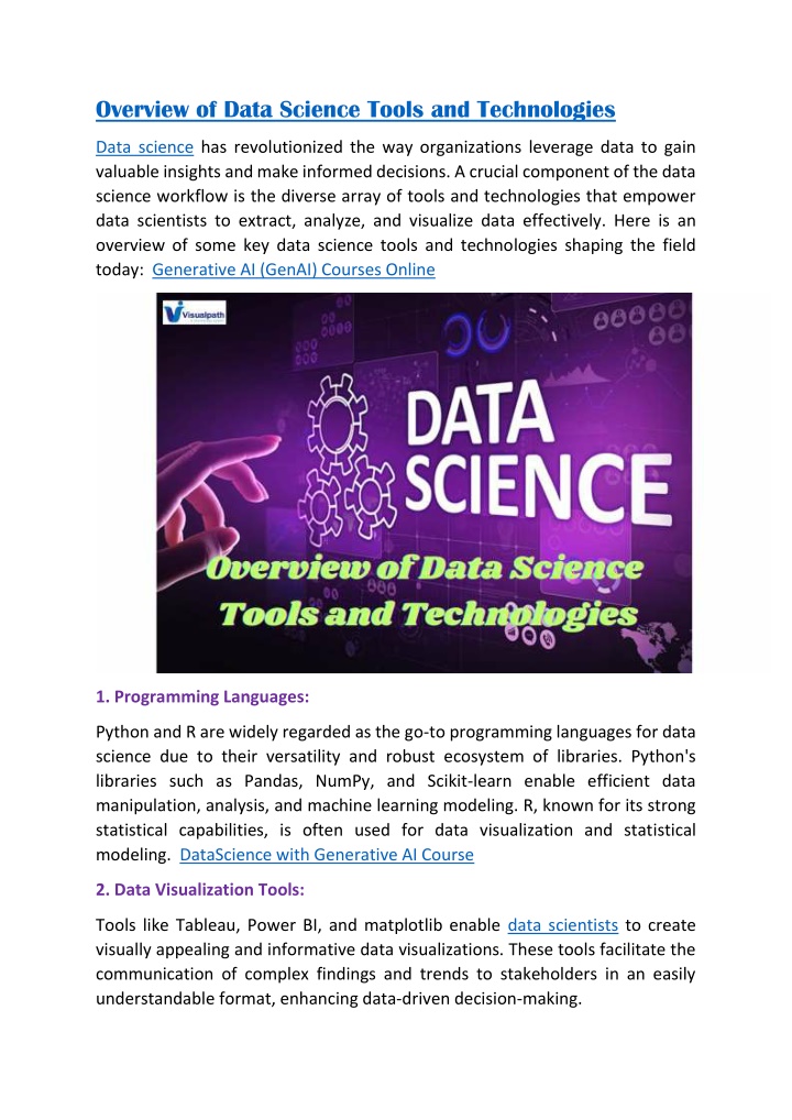 overview of data science tools and technologies n.w
