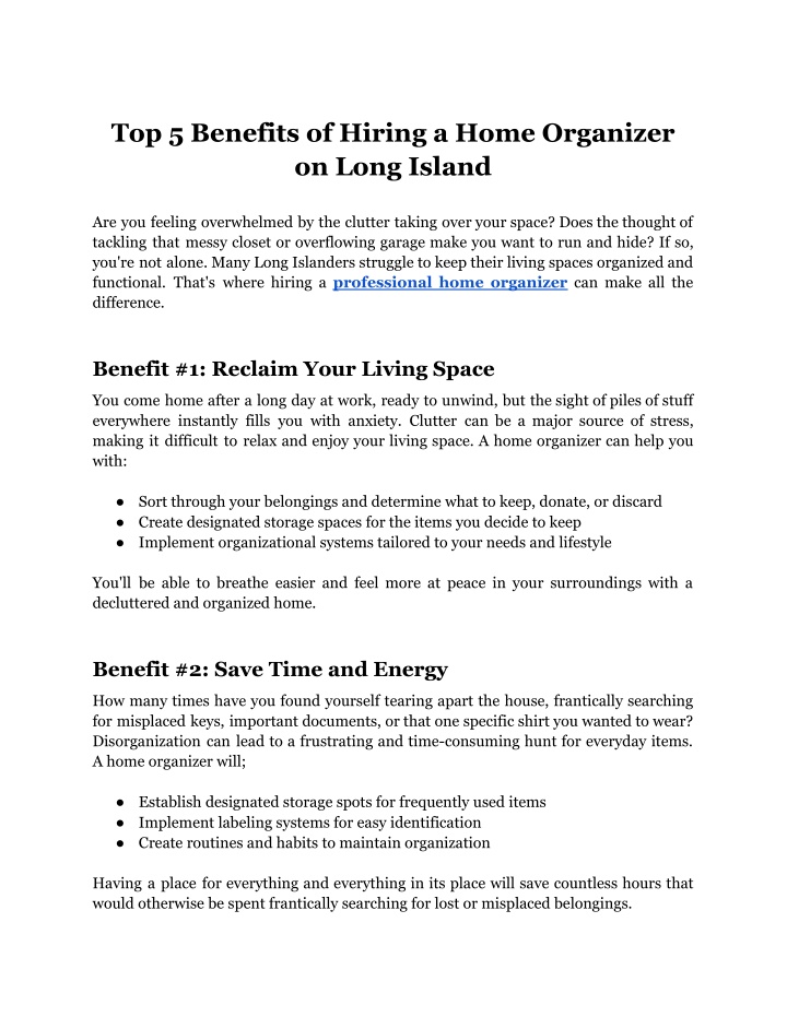 top 5 benefits of hiring a home organizer on long n.w
