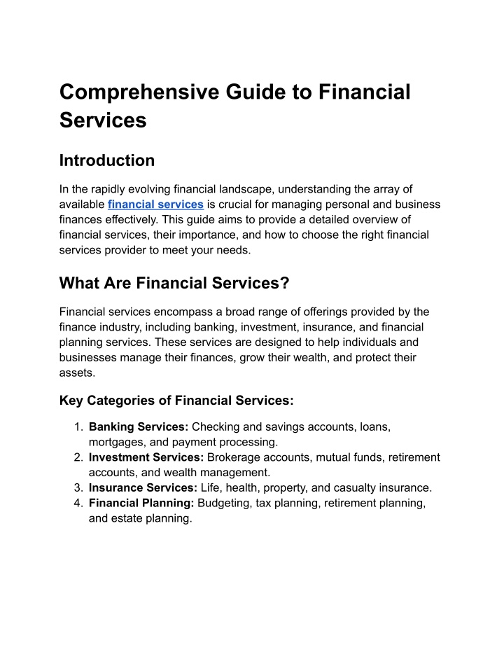 comprehensive guide to financial services n.w